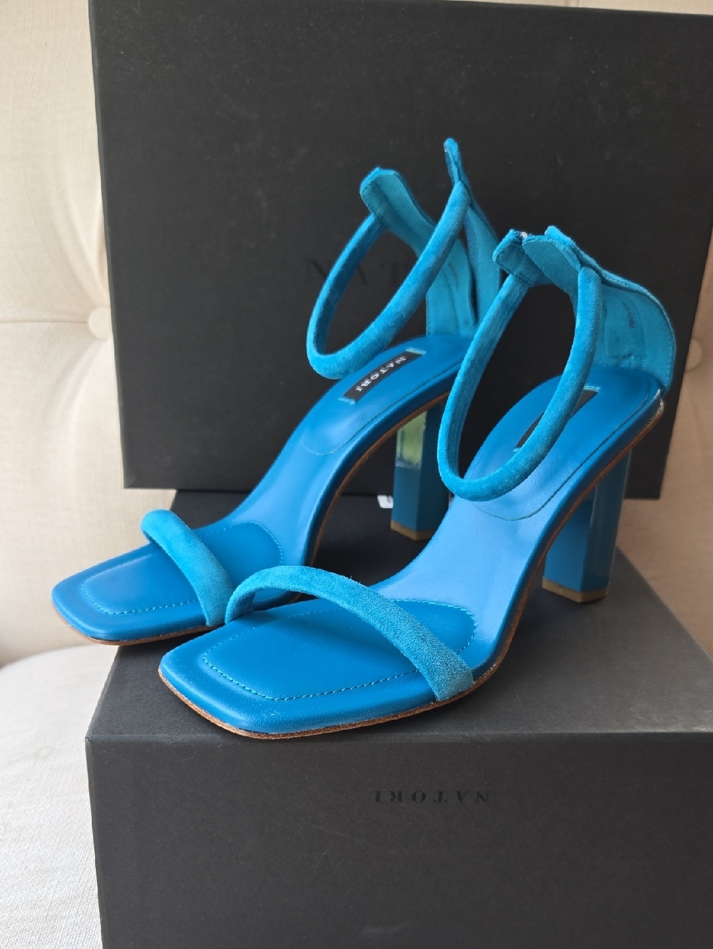 Natori Glow Suede Teal Blue Strappy Block Heel Sandals